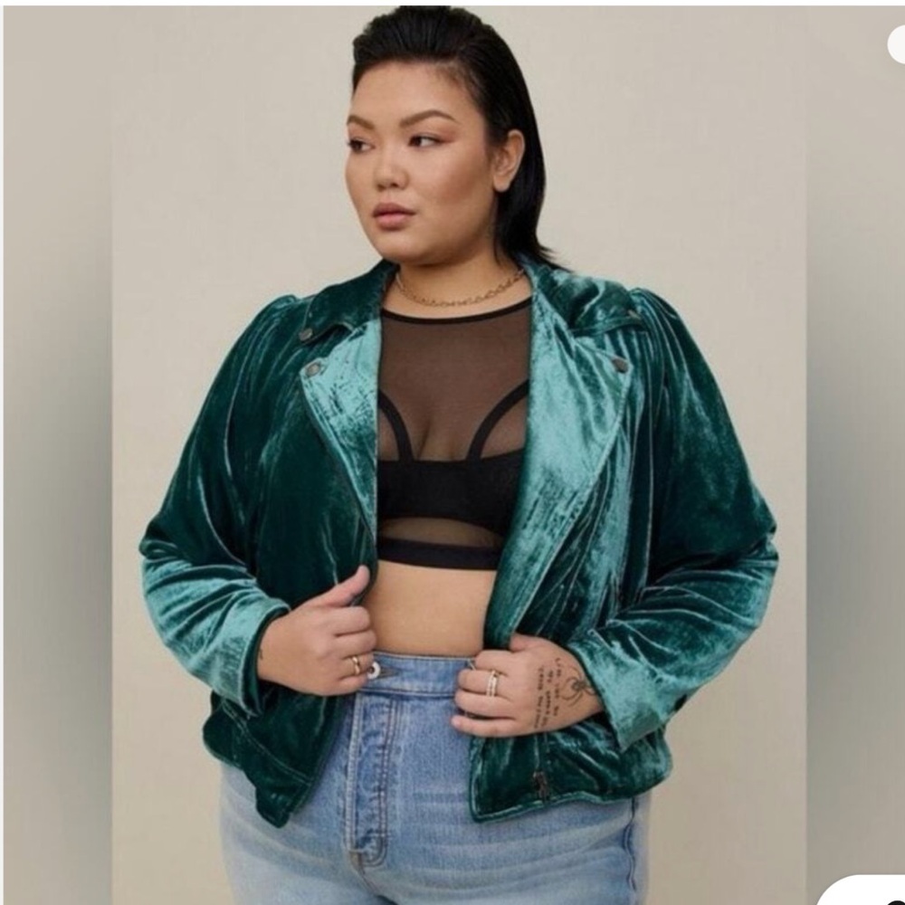 Torrid Green Velvet Blazer with Asymmetrical Zipper